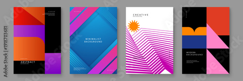 Collection of four versatile backgrounds using primary colors bold flat shapes and sharp geometric compositions for modern branding