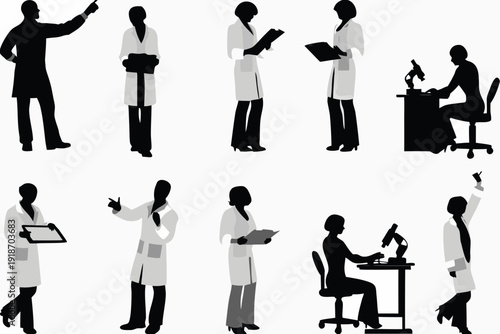 Silhouettes of medical professionals engaged in various healthcare activities
