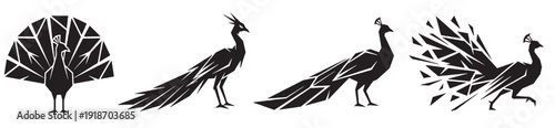 Set of four stylized black silhouette peacocks in various poses, showcasing their elegant plumage and forms.