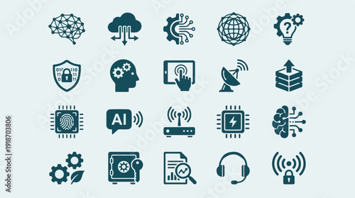 Digital Technology, Artificial Intelligence, and Cybersecurity Icon Set