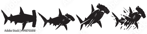 Sequence of hammerhead sharks in silhouette, showing movement and action.