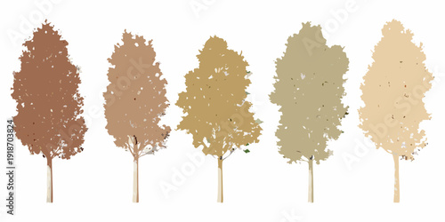 Five stylized trees displayed in varying shades of brown and green