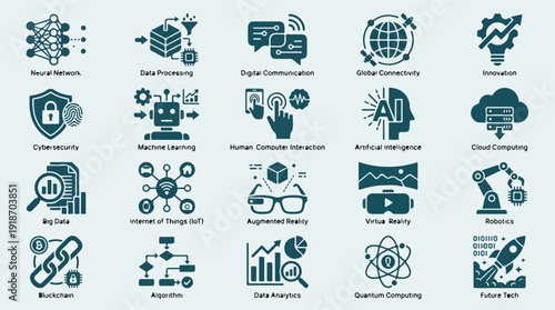 Digital Technology, AI, Data Science & Innovation Icons Set
