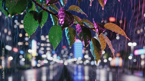 Rain-slicked green foliage on a gently swaying tree branch dramatically illuminated by magenta and cyan neon glow against a dark city backdrop modern, rain-slicked green foliage, night