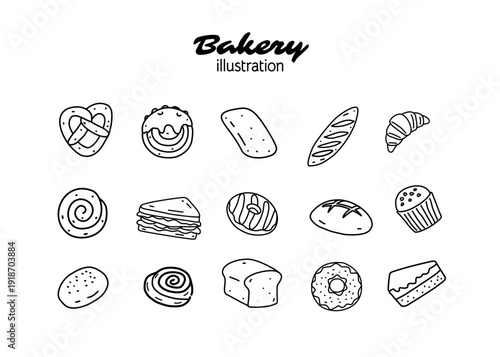 A set of Bakery illustration pattern with white background, food packaging, menu illustration hand drawn print ads, food business, bakeshop