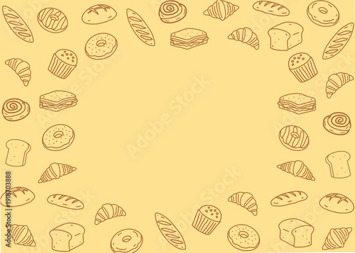 Bakery illustration pattern with cream background, food packaging, menu illustration hand drawn print ads, food business, bakeshop