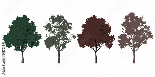 Four stylized trees depicted in varying shades of green and brown