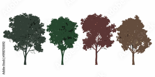 Four stylized trees in varying shades of green red and brown