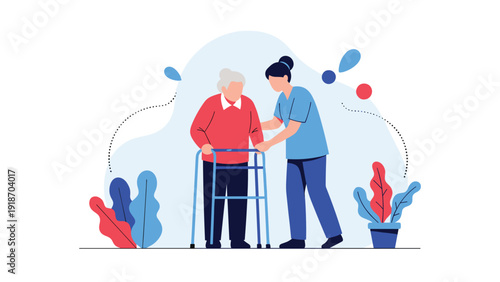 Compassionate caregiver assisting elderly woman using walker for physical therapy and mobility support in healthcare setting.