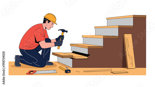 Skilled carpenter wearing safety helmet building wooden staircase using hammer and tools in home renovation project site.