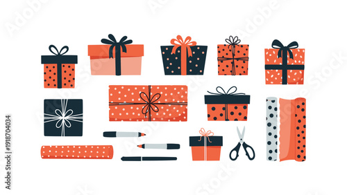 Assortment of beautifully wrapped gift boxes with patterns, bows, and wrapping supplies for festive holiday celebrations.