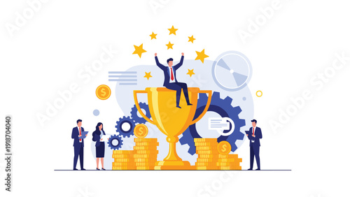 Successful businessman celebrating victory sitting on huge golden trophy with colleagues, money, and gears representing achievement.