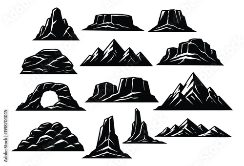 Graphic silhouette mountain and rock formation set featuring various peaks, cliffs, and a natural arch for nature and travel design
