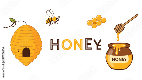 Natural honey production elements featuring beehive, honeybee, golden honeycomb, and glass jar with wooden dipper tool.