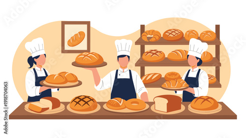 Professional bakers presenting a wide variety of fresh bread, croissants, and pastries in local bakery shop environment.