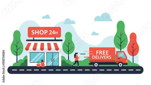 Local 24-hour shop providing free delivery services with truck and courier delivering packages to customers in suburban area.