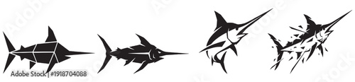 Collection of stylized swordfish silhouettes in various artistic interpretations.