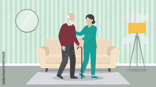 Caregiver assisting senior man with walking in a comfortable home environment