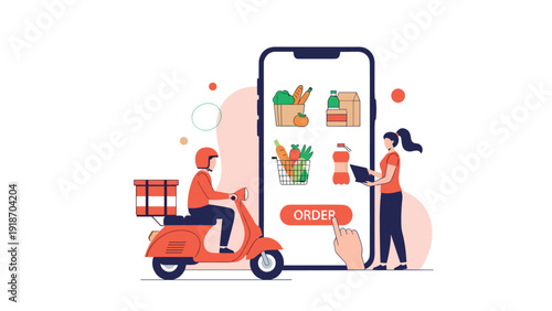Online grocery shopping and fast delivery service with courier on scooter and customer ordering through mobile phone app.
