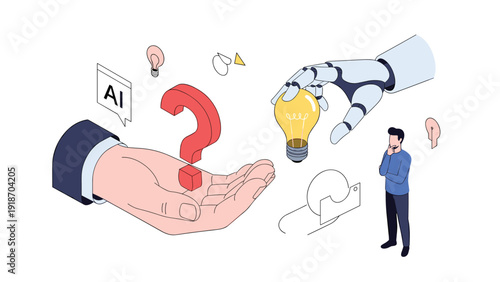 Artificial intelligence vs human creativity comparison with robotic and human hands holding lightbulb and question mark icon.