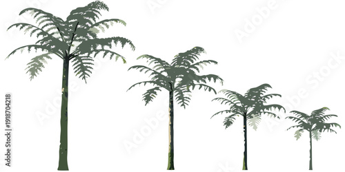 A series of silhouetted palm trees diminishing in size