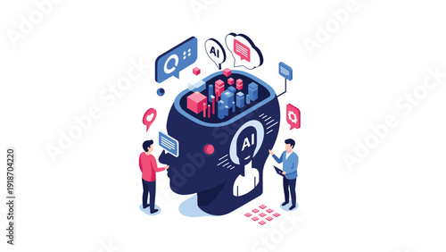 Digital developers working on complex artificial intelligence system and neural network within giant robotic head interface.