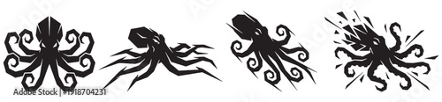 Set of four stylized black octopus illustrations in different poses and actions.