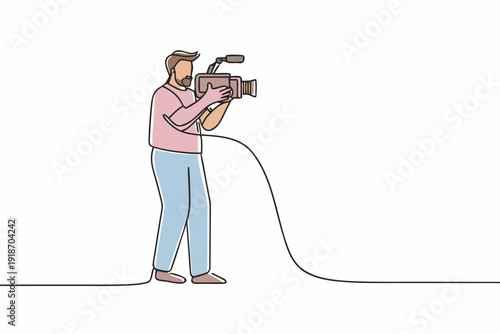 Line drawing of a man operating a vintage film camera