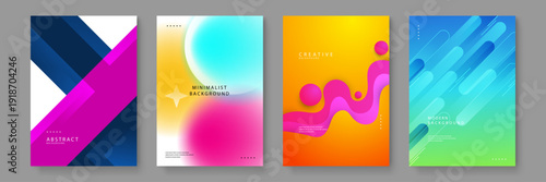 Versatile set of four posters including diagonal blue lines fluid yellow waves and soft pastel gradients for creative projects