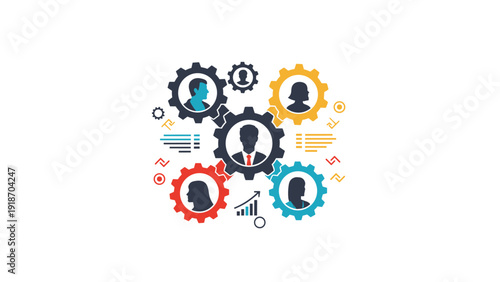 Organizational structure and teamwork concept with professional silhouettes integrated into interlocking mechanical gears for efficiency.
