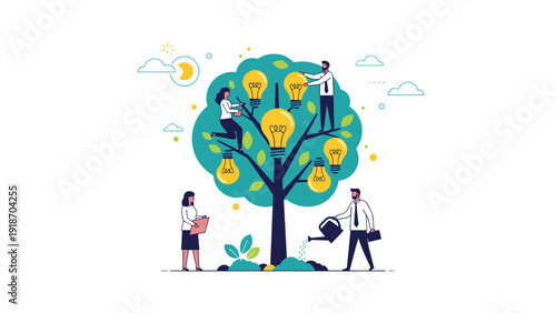 Team of innovators cultivating a tree of glowing lightbulbs representing nurturing of creative ideas and business growth.