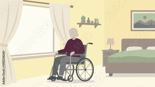 Elderly woman in a wheelchair sits by a window in a bright, modern bedroom
