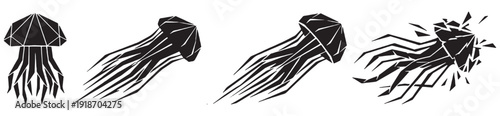 Set of four stylized black jellyfish illustrations in silhouette, showing different stages of movement and form.