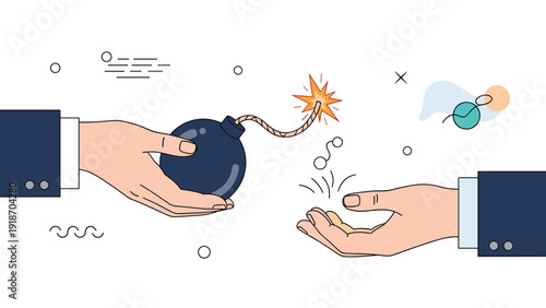 Concept of passing responsibility or risk represented by two business hands exchanging a lit bomb with burning fuse.