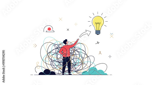 Creative thinker simplifying complex problems by untangling messy lines to reach a brilliant innovative lightbulb idea.