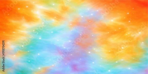 Abstract colorful vector background with bright stars and a soft rainbow wave pattern featuring a blur of blue and orange light for a cosmic space art wallpaper design