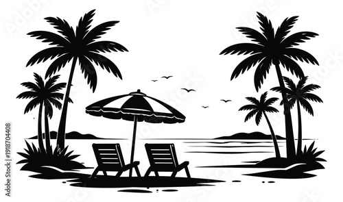 Silhouette illustration of a tropical beach scene depicting relaxation and summer vacation for travel and holiday themes