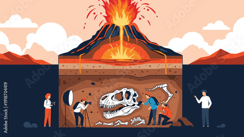 Cross section of an erupting volcano with geological layers showing a dinosaur fossil discovered by a team of archaeologists and scientists.