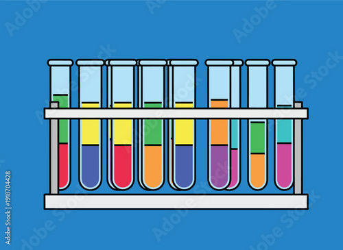 Colorful test tubes in a rack, representing scientific experiments and research.