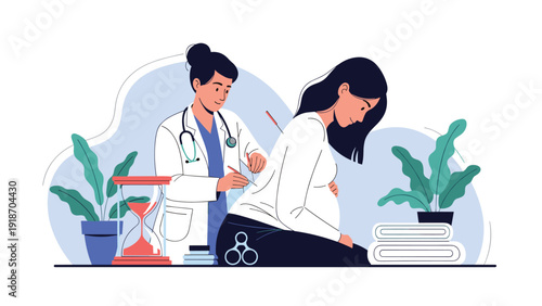 Specialist doctor performing traditional acupuncture therapy on a pregnant woman to relieve stress and improve health in a clinic.