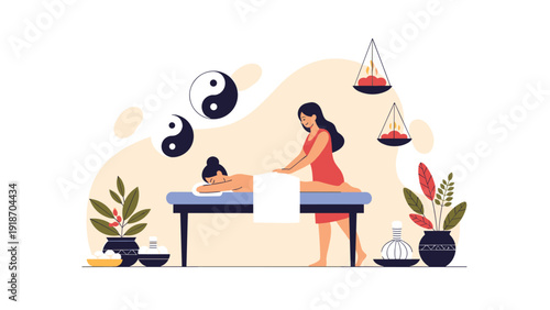 Young woman enjoying relaxing back massage therapy with zen symbols and essential oils in peaceful spa wellness center.