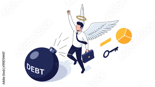 Successful businessman with angel wings flying away from a dangerous debt bomb symbolizing financial freedom and escaping monetary problems.