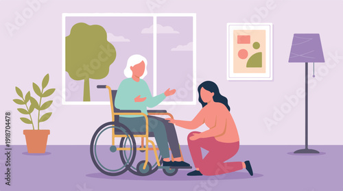 Caregiver assisting an elderly woman in a wheelchair at home