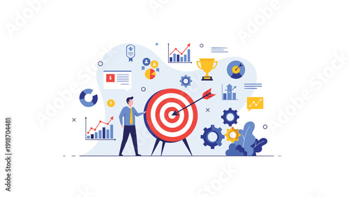 Focused corporate employee standing next to a large bullseye target surrounded by various business growth icons and financial success symbols.