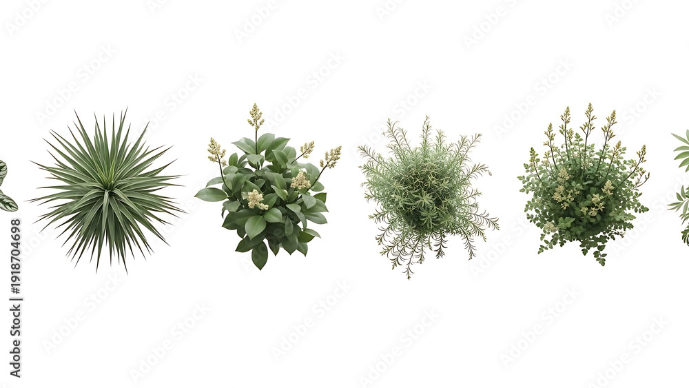Fototapeta premium Assortment of green plants with white background foliage
