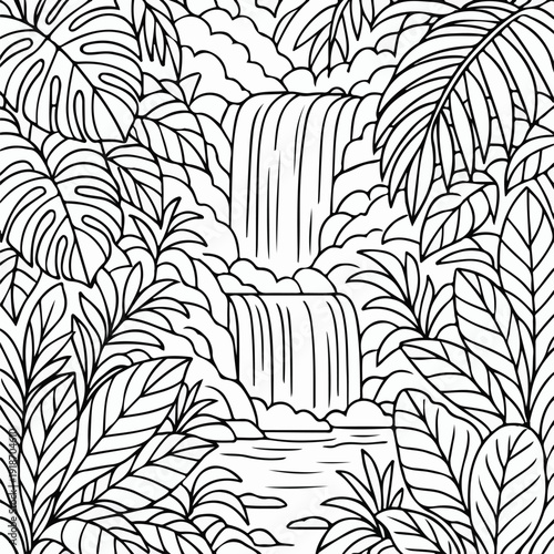 Detailed black and white jungle line art illustration featuring a cascading waterfall surrounded by dense tropical foliage and large leaves.