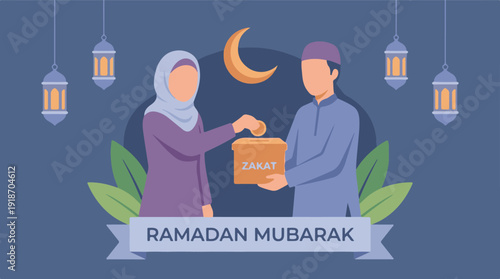 Ramadan Zakat donation by Muslim couple, Islamic charity flat illustration