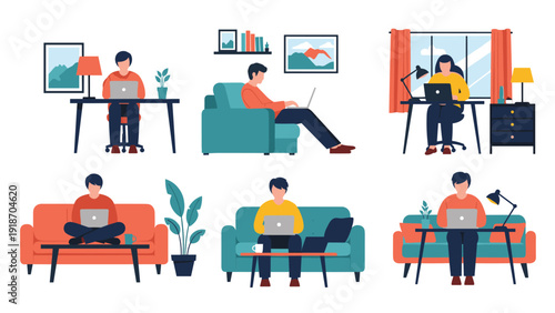 Diverse people working from home using laptops on sofas and desks illustrating the modern remote work lifestyle and flexible office culture.