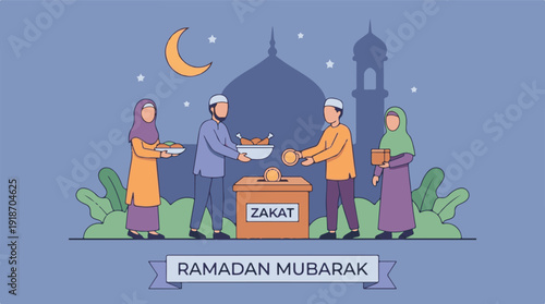 Ramadan Mubarak: Muslims giving Zakat, food, and gifts, showing charity