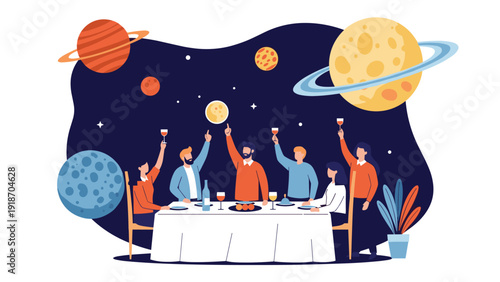 Group of friends having a celebratory dinner at a table set under a dark starry sky with giant planets to illustrate a surreal space dining event.